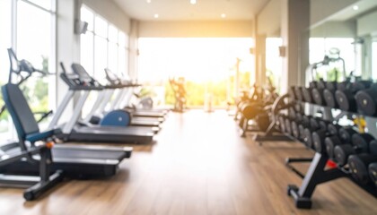 Blurred fitness gym equipment for sport banner background.Fitness center blur background.