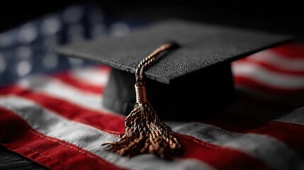 A black graduation cap rests atop an American flag, symbolizing academic success and patriotism. This moment captures the essence of celebration and achievement.