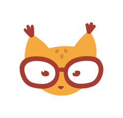 Vector illustration of a funny lynx face wearing big glasses. Flat isolated illustration.