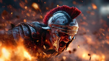 A mighty warrior with a gleaming helmet and fierce expression charges into battle, invoking themes of bravery, honor, and the enduring spirit of combat throughout history.