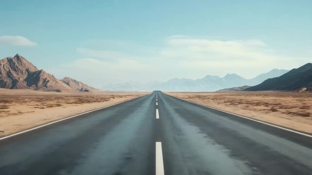 Long Desert Road Journey Through Vast Landscape with Rugged Mountains, Clear Sky, Adventure, Freedom, and Travel on Endless Highway