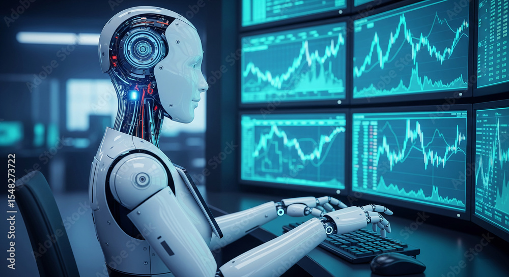 Poster white robot operating computer, multiple screens display financial charts, showcasing automation in 