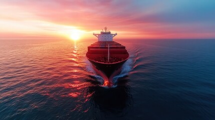A stunning aerial view of a cargo ship navigating the ocean during a vibrant sunset, emphasizing the beauty of maritime travel and the tranquility of the sea.