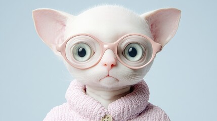 Obraz premium Cute hairless cat wearing glasses and sweater on soft blue background