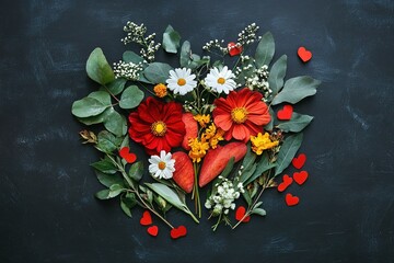 Fresh spring summer assorted flower with leaves and petals isolated surrounding on chalkboard