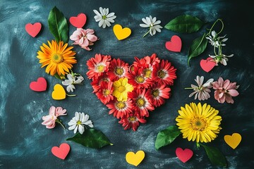 Fresh spring summer assorted flower with leaves and petals isolated surrounding on chalkboard