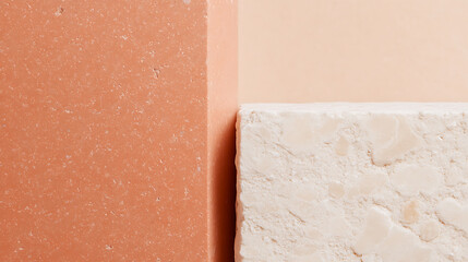 Minimalist composition featuring textured peach and cream blocks against a soft backdrop. Abstract forms emphasize shape, color, and surface detail.