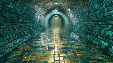 Dimly lit mosaic tunnel with reflective tiles and mysterious ambiance