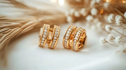 Naklejka premium Elegant gold earrings with diamonds, soft bokeh background, jewelry display