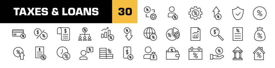 Tax icon. Taxes icon set. Isolated tax vector set. Loan sign set. Bank loan vector set. Dollar credit signs.