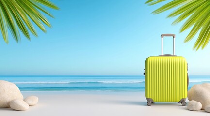 Fototapeta premium Bright yellow suitcase on tropical beach under palm leaves with clear blue sky and ocean