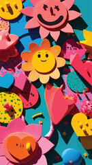 Fototapeta premium Playful cartoon floral and heart shapes background