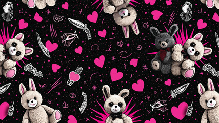 Fototapeta premium Playful pattern with bunnies hearts and decorative elements