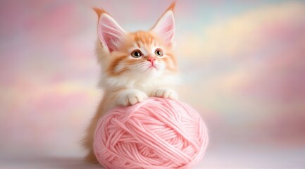 Adorable orange kitten playfully posing with pink yarn ball on pastel background