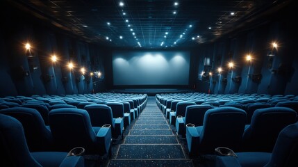 Fototapeta premium The empty cinema features rows of blue seats illuminated by warm lights, showcasing a wide screen in a stylish design. The setting is prepared for an upcoming movie event.