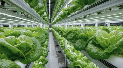 Rows of fresh green lettuce thrive in a vertical farm, utilizing artificial lighting and hydroponic systems in a modern urban setting, promoting sustainable agriculture.