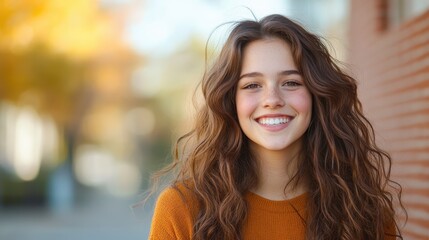 Obraz premium A smiling young woman with long, curly hair is photographed with a warm autumn background, capturing the essence of joy, youthfulness, and natural beauty.