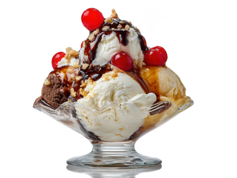 Delicious Ice Cream Sundae with Cherries and Chocolate Sauce