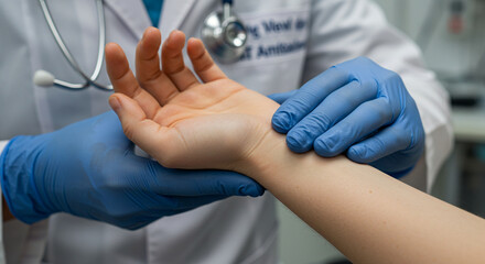 A close-up of a doctor assessing a patient’s hand and wrist. 