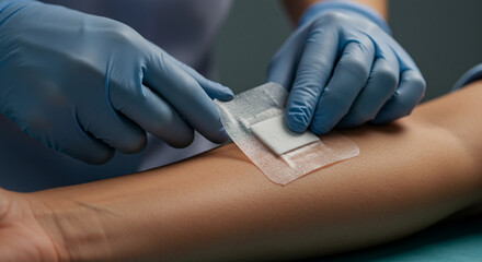 A realistic close-up of a nurse or doctor applying a bandage or adhesive wound dressing on a patient’s arm.