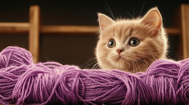 Adorable kitten with curious expression peeking over purple yarn