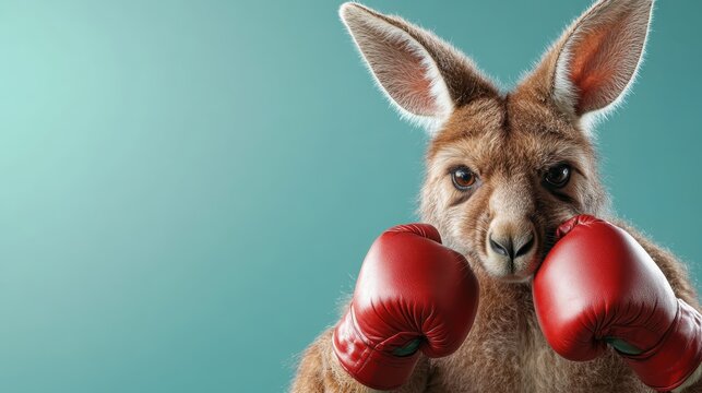 An adorable kangaroo wearing red boxing gloves poses impressively, fusing humor and the spirit of sport, showcasing an unexpected yet charming take on athleticism.