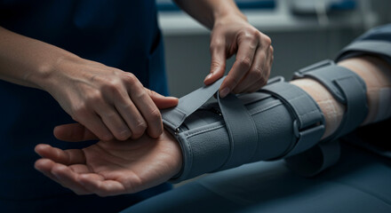 A close-up of a nurse or doctor applying a medical splint or immobilizer to a patient’s arm, wrist, or leg. 