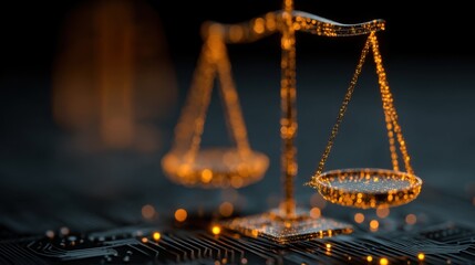 A detailed depiction of a balance scale symbolizing law and justice, set against a dark, digital backdrop filled with glowing circuitry elements. The image captures the essence of legal principles.