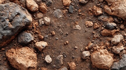 Fototapeta premium Rugged terrain showcases a mix of large and small rocks in earthy tones, revealing the intricate textures and colors of the natural landscape under bright daylight.