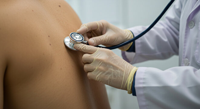 A hyper-realistic photo of a doctor checking a patient's breathing using a stethoscope. 