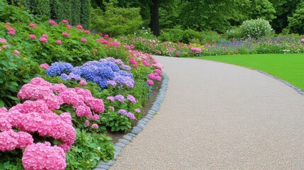Serene garden path with vibrant hydrangeas and lush greenery