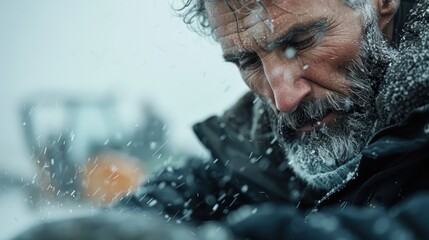 This evocative image captures a rugged man amidst a snowstorm, portraying resilience and the harshness of winter, emphasizing the struggle against nature's elements.