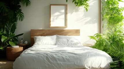 Fototapeta premium A serene bedroom bathed in natural light and adorned with lush greenery, creating a peaceful sanctuary that embodies tranquility and comfort for modern living.