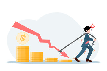 A businessman pulling a downward arrow with effort, symbolizing economic pressure and financial struggle. Flat style vector illustration for business downturn concepts.