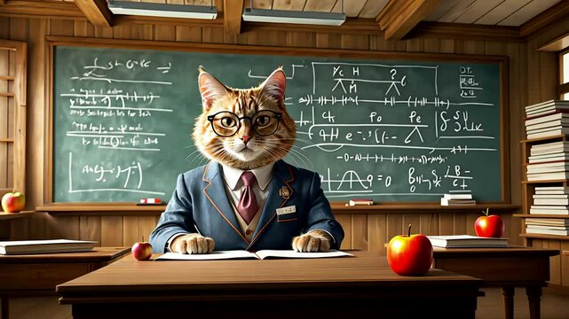 Cat teacher in suit standing in classroom with chalkboard covered in math formulas and apples on desk