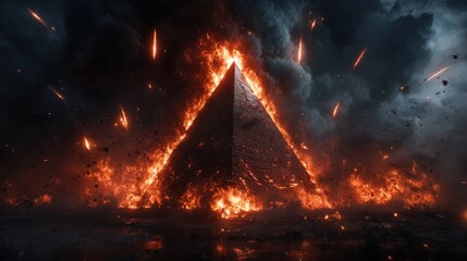 Naklejka premium A dramatic scene featuring a pyramid engulfed in flames and smoke, conveying a sense of chaos and destruction, powerful and intense in its visual representation of fire.
