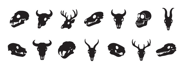 Fototapeta premium Black silhouette of various animal skulls, isolated on white background, graphic illustration. concept of wildlife, mysterious art, skull designs, decor elements, tribal tattoo symbols, collection