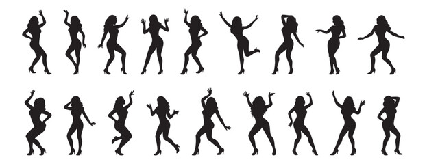 Set of Black silhouette of dancing woman in various poses, isolated on white background, graphic illustration. concept of dance, movement, choreography, icon, logo, design element.