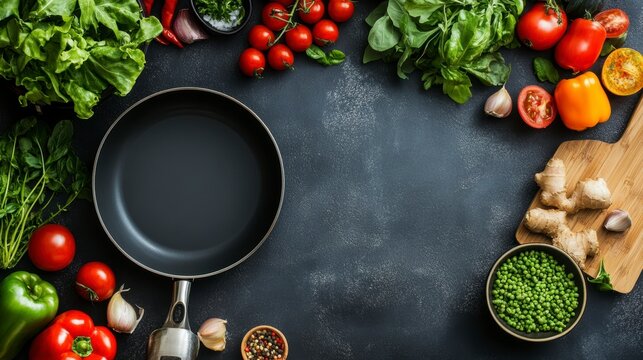 Empty frying pan surrounded by fresh vegetables, ready to cook