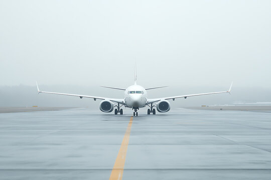Fototapeta An aircraft on the runway faces forward with wings spread in a hazy scene, the white plane stands out against the muted gray background.