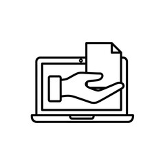 Hand delivering document from laptop in vector style  