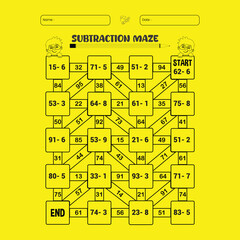 Subtraction vector maze puzzle worksheets