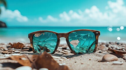 A pair of cracked sunglasses rests on sandy beach shore, reflecting a beautiful ocean view, encapsulating the essence of summer and relaxation.