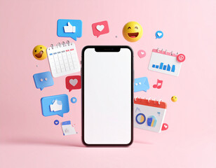 3D Social media platform, online social communication applications concept, emoji, webpage, search icons, chat and chart with smartphone background. 3d illustration