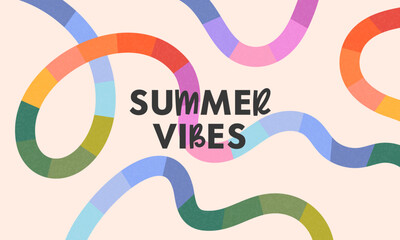 Summer abstract background with bright rainbow lines.Modern illustration with colorful shapes.Summer vacation banner in simple fun style.Horizontal print for posters,banners,ad,covers,branding,fashion