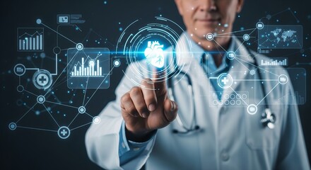 Male doctor interacting with futuristic digital heart interface display