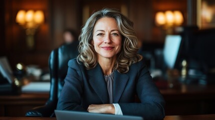 Fototapeta premium This image features a confident woman smiling warmly in a professional environment, radiating leadership and sophistication with a soft lighting backdrop enhancing her presence.