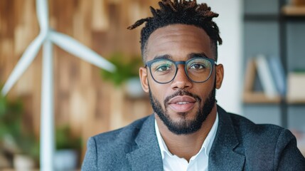 Fototapeta premium A professional man wearing eyeglasses sits in an office setting with a wind turbine visible, symbolizing renewable energy and modern workplace dynamics.