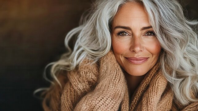A stunning woman with flowing silver hair wrapped in a cozy scarf, radiating warmth and elegance against a dark backdrop, capturing a moment of beauty and grace.