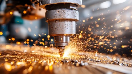 A close-up of an industrial cutting machine emitting bright sparks while cutting through metal shows the powerful interaction of machinery and craftsmanship in modern manufacturing.